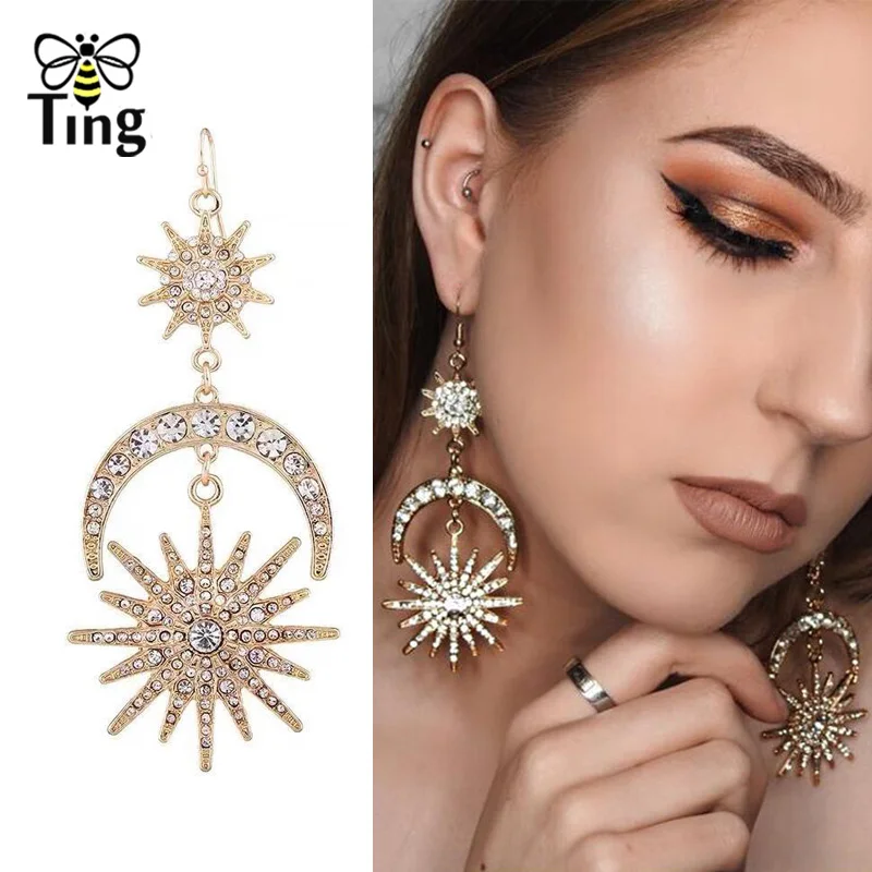 

Tingfly Runway Designer Jewelry Earrings Big Size Moon Star Crystal Drop Earrings GP Luxury Party Weeding Earrings Wholesale