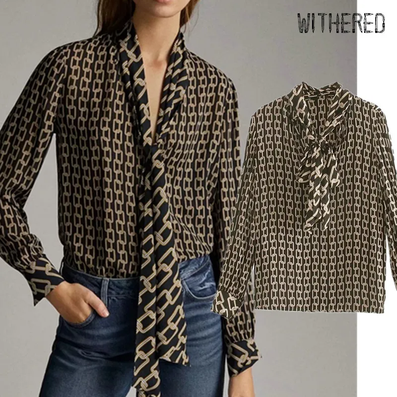 Buy Withered england simple office lady chain printing bow neck kimono shirt women blusas mujer de moda 2019 tshirt womens tops