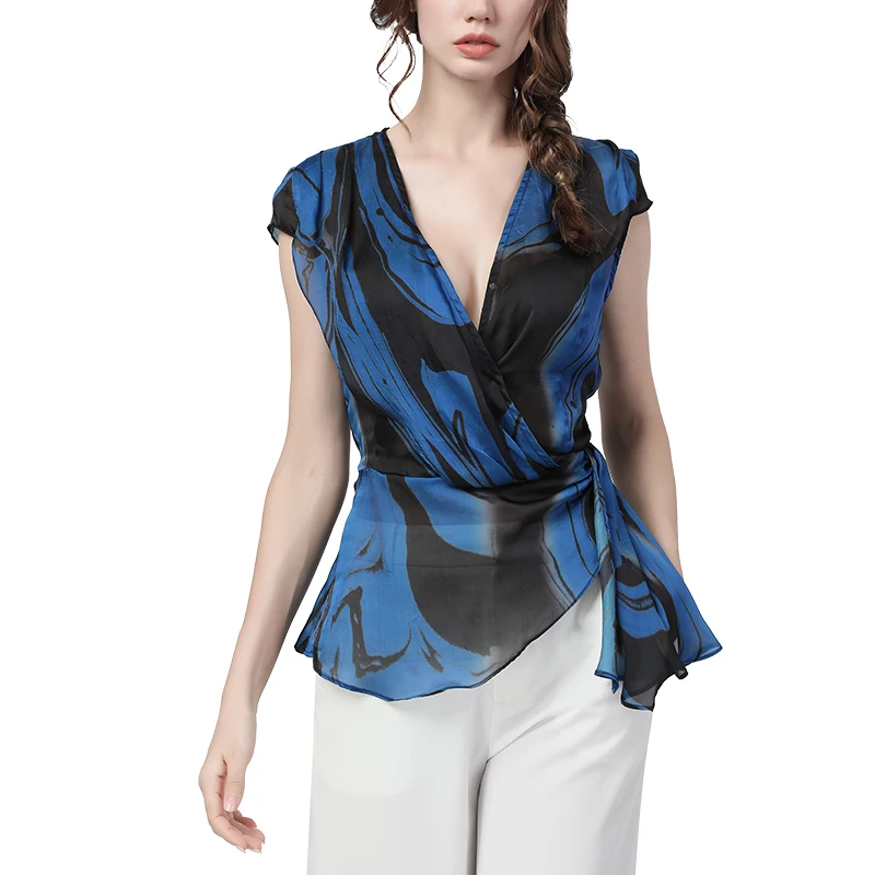 여성용 섹시한 깊은 V넥 얇은 쉬폰 셔츠, 허리 붕대, 여성 블루 프린트 블라우스, 반팔 기질, 여름 신상 상의