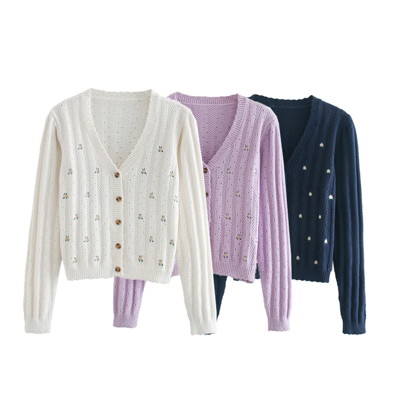 AGong Sweet Solid V Neck Sweaters Women Fashion Flower Embroidery Sweater Elegant Cardigan Female Ladies HH |