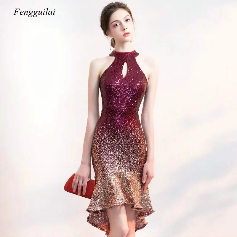 

Halter Elegant Sequin Short Front Long Back Sparkle Dress