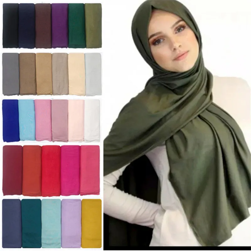 Plain Color Jersey Hijab Scarf Shawl Solid Color With Good Stitch Stretchy Soft Turban Head Wraps For Women Scarves 170X55cm