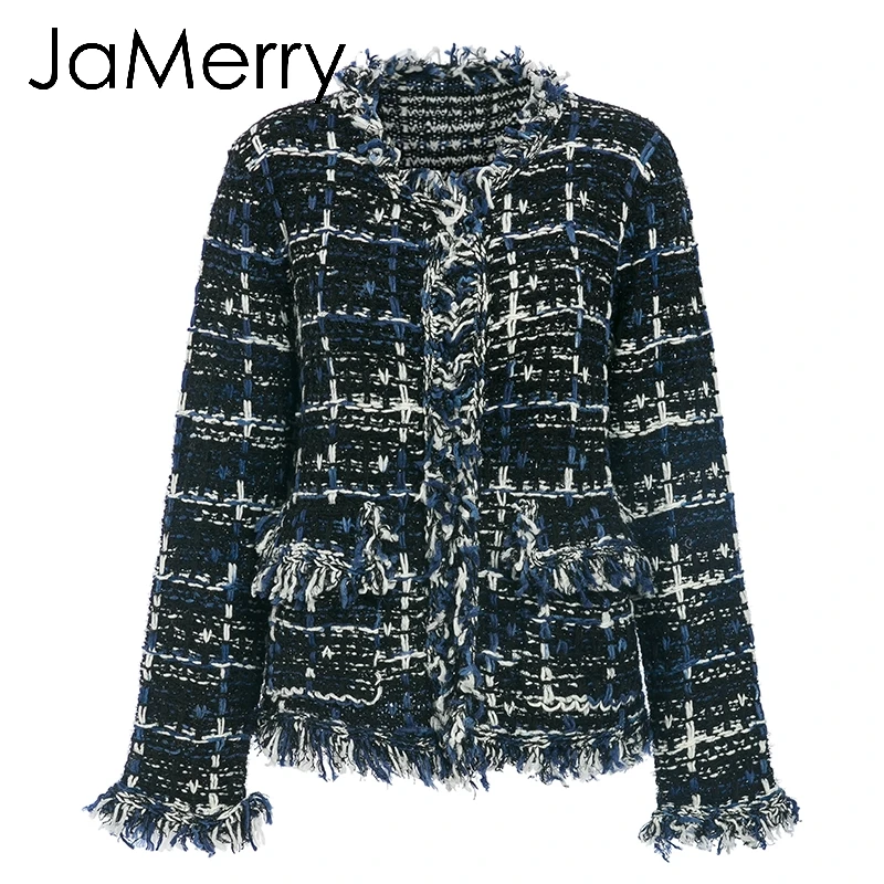 JaMerry Vintage winter plaid knitted women office cardigan coat Autumn female warm navy blend blazer Tassel jacket outwear mujer - Цвет: Тёмно-синий