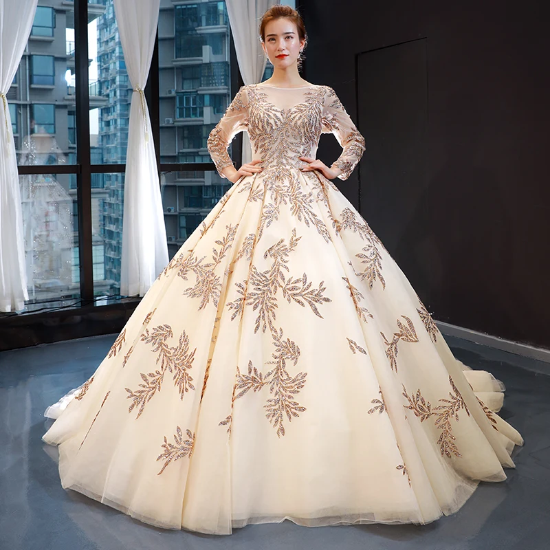 

Long Sleeve Ball Gown Dresses Quinceanera Dresses With Applique Sequins Tulle Quinceanera Dresses Champagne Cinderella Gown