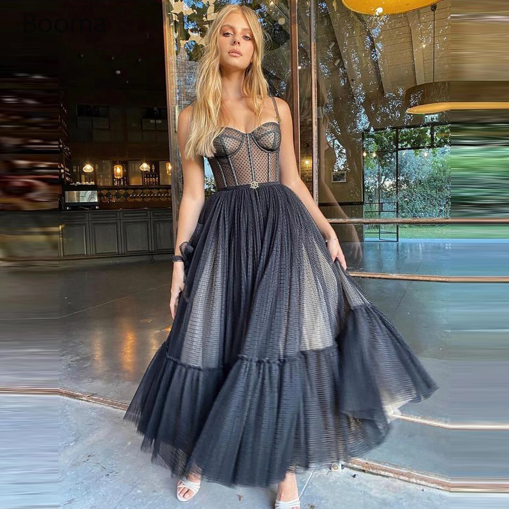 Booma Black Dotted Tulle Prom Dresses Spaghetti Straps Boning A-line Short  Prom Gowns Illusion Tea-length Wedding Party Dresses - Prom Dresses -  AliExpress