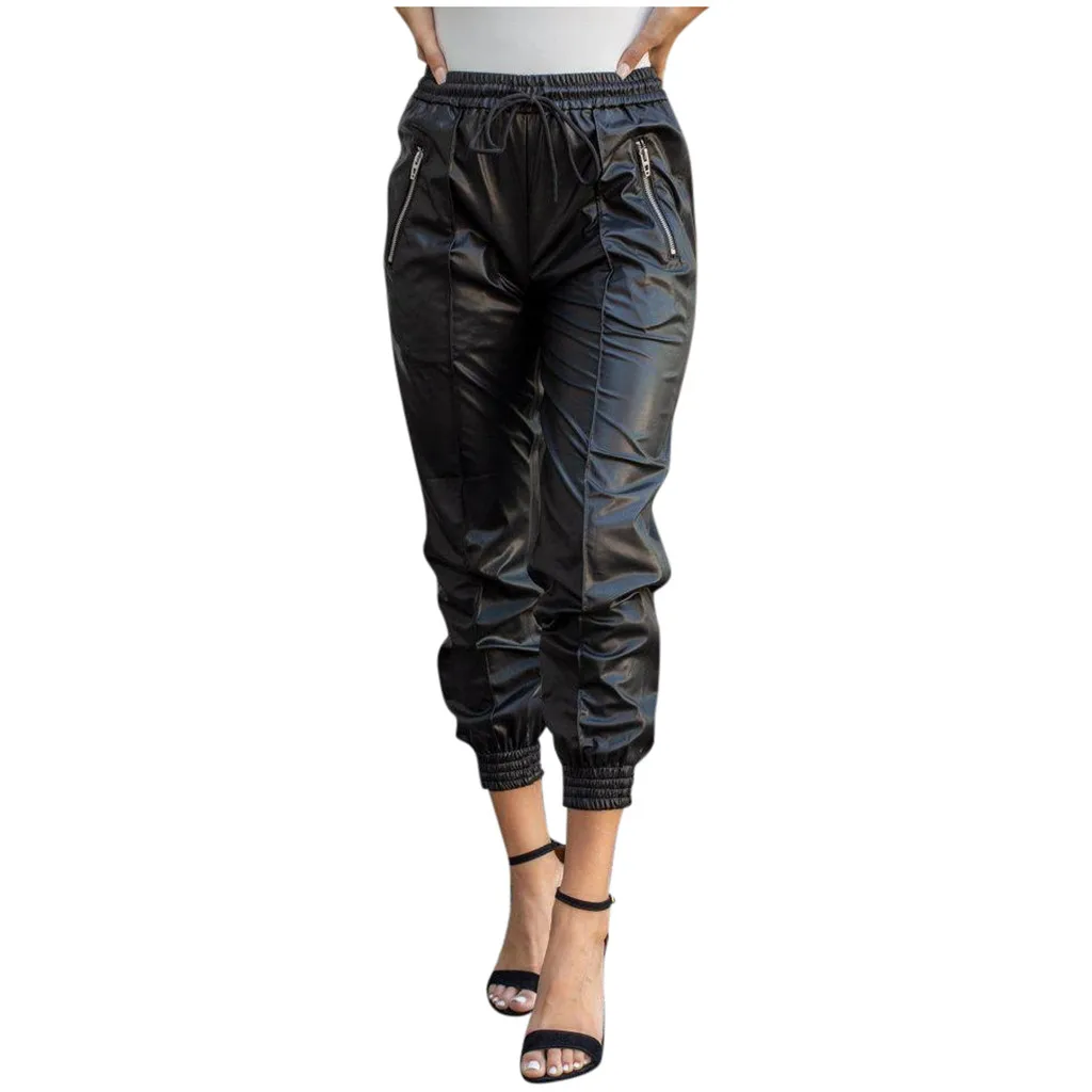 

Women Pu Leather Pants Fashion Street Lady Elastic Waist Pencil Pants Autumn Drawstring Sweatpants Pockets Cool Trousers #YL1