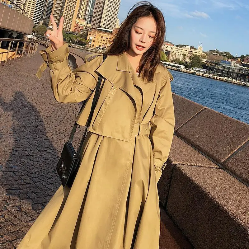 

Autumn Women Khaki Long Trench Coat Fashion Classic Women Long Sleeve Lapel Belt Trench Coat Elegant Clothing X322