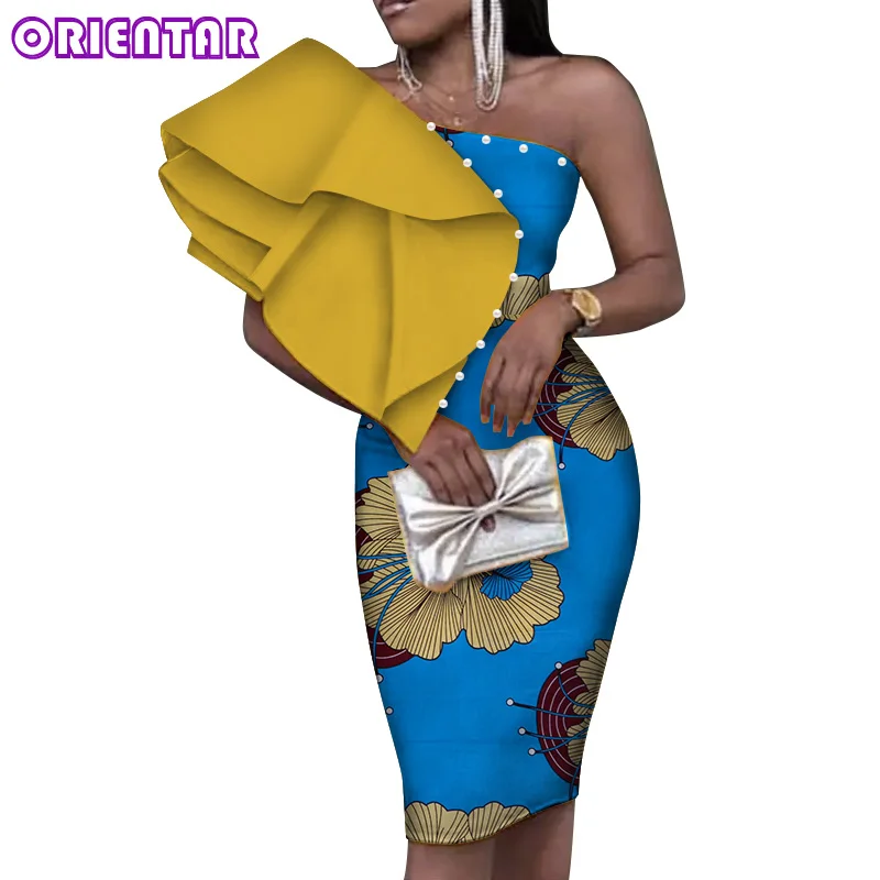 Женские африканские платья, модные африканские Базен Riche с принтом, хлопковые вечерние платья-карандаш миди на одно плечо, Женская африканская одежда WY4857