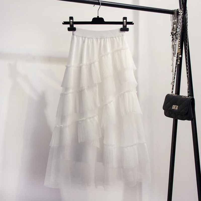 Весенняя Новая модная тонкая сетчатая Комбинированная юбка с оборками, эластичная талия, элегантная женская юбка средней длины yy464