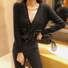 MUMUZI Весенний черный nt вышитый бисером v-образный вырез однобортный свитер Свободный длинный рукав кардиган пальто рубашка женская одежда