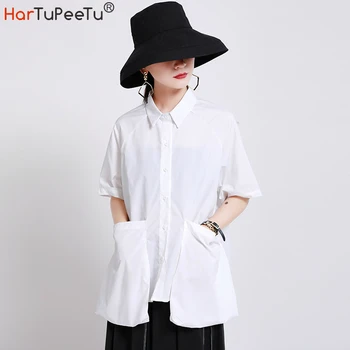 

Big Pockets Blouse Women Korean Style Summer 2020 Original Oversize Shirts Batwing Sleeve White Black Buttons Solid Tops