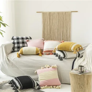 

Geometric Stripe Cushion Cover Plush Tassels Edge Soft Throw Pillow Cover Woven Fashion Home Sofa Decor Waist Pillow Cover