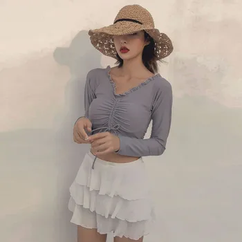 

Harajuku Women Cute Long Sleeve Swimsuit Beach Style All-match Set Bodycon Padded Wire Free Female Swimsuit Set