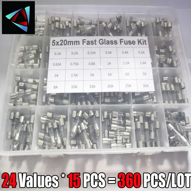 360 sztuk/pudło 24 wartości 5x20mm szybkie szkło zestaw bezpieczników w pakiecie 0.2A 0.5A 1A 2A 3A 5A 6A 8A 10A 15A /250V 5*20 bezpiecznik pakiet