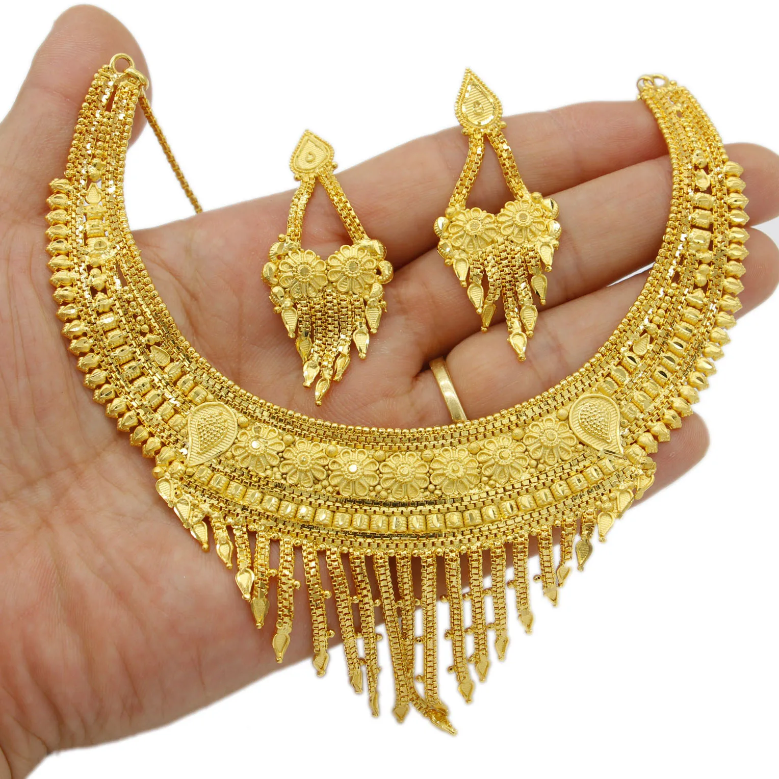 Adixyn Dubai 24k Gold Color Tassels Earrings Necklace Jewelry Set for Bridal Women African Gifts N12162