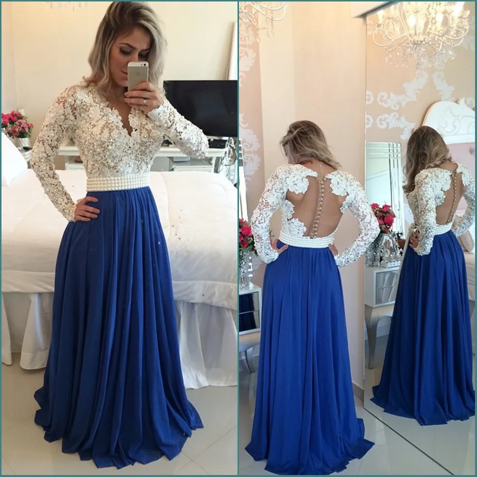 

Vestido V Neck Elegant Lace Blue Black Pearls Sexy Backless Prom Long Sleeves Formal Evening gown mother of the bride dresses
