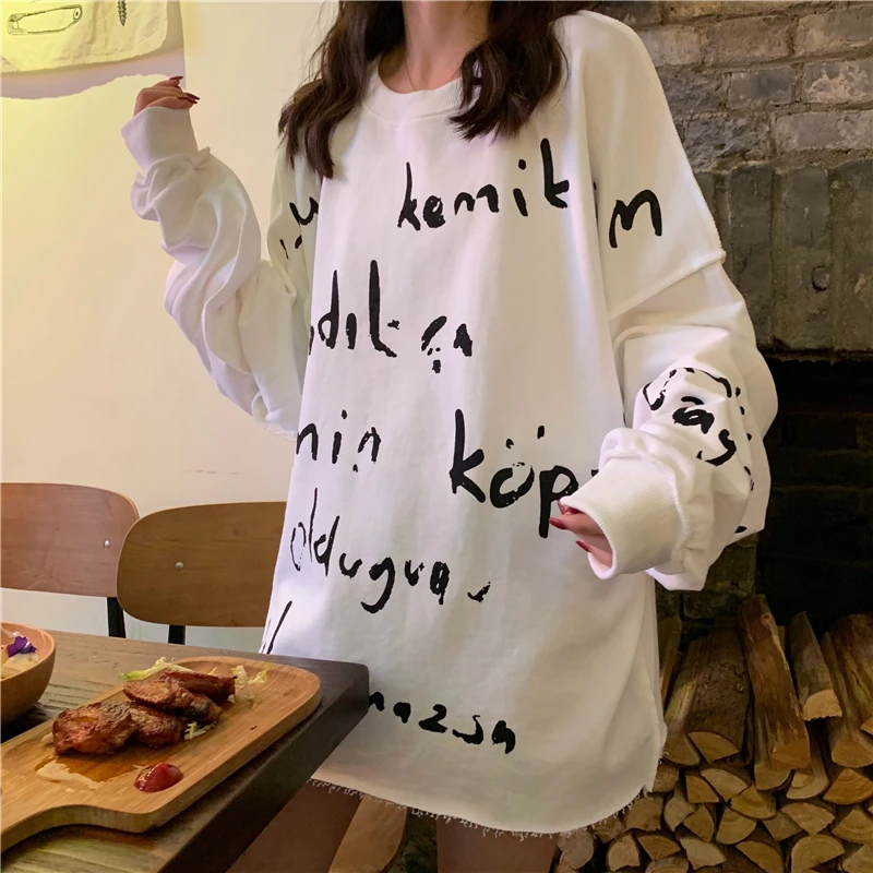 Осенняя Корейская ins Harajuku BF Длинная толстовка с длинными рукавами и принтом букв Женская модная свободная толстовка с круглым вырезом