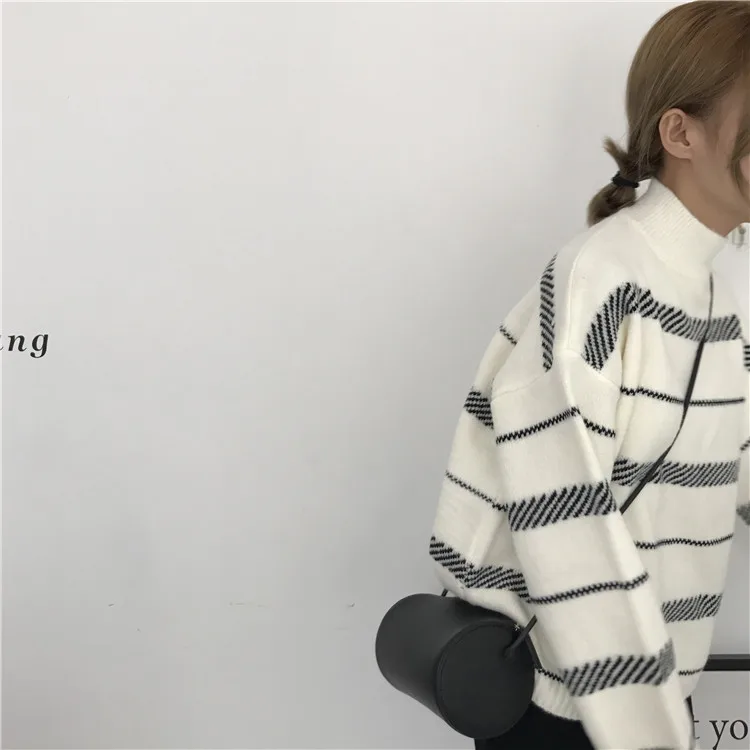 Новинка, зимний женский пуловер, свитер в полоску, водолазка, вязанный, свободный, Harajuku, корейский стиль, Повседневный, винтажный, модный топ, T98303D