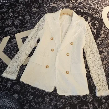 

Vintage Double Breasted Office Ladies Blazer Lace patchwork Long Sleeve fashion Suit Coat Jacket Women blazers Female 2020