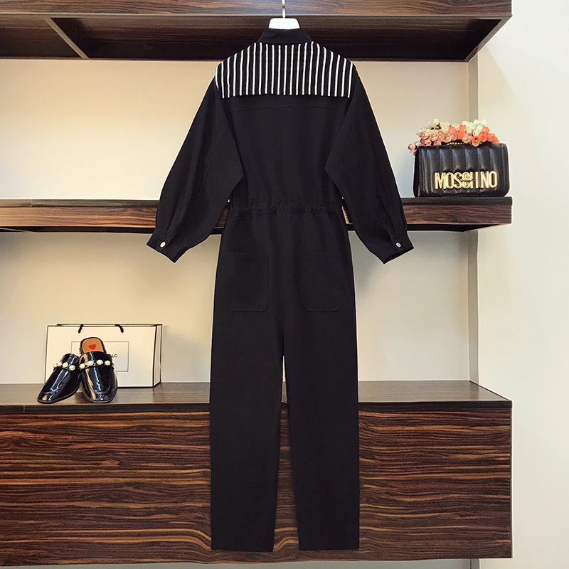 Fall Clothes 2020 Plus Size Jumpersuit Women Long Sleeve One Piece Playsuit Korean Fashion Shawl Stripes Female Black Jump Suits