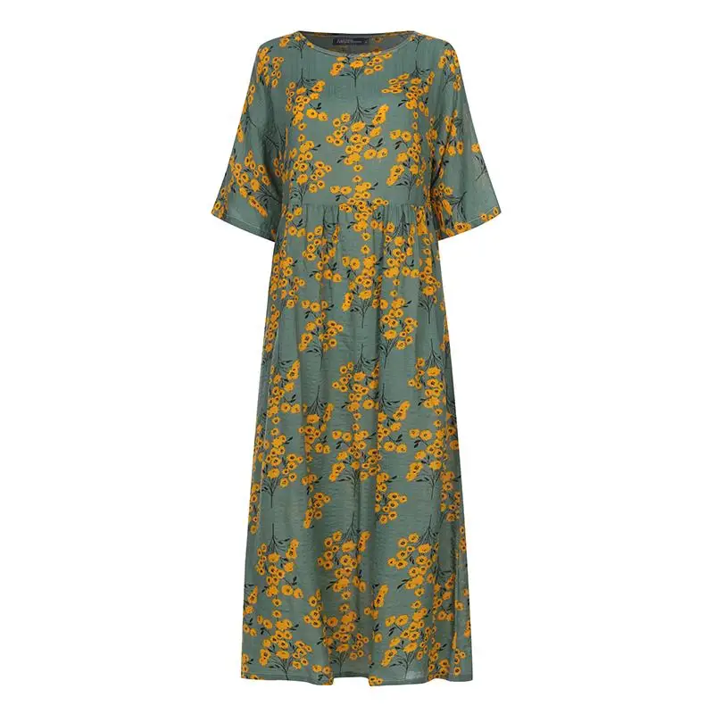 1 Green Floral Элегантное женское летнее платье с принтом, ZANZEA, Повседневный Сарафан с цветочным рисунком, рукав до локтя, макси, Vestidos, женское Плиссированное Платье, Femme S-5XL - Цвет: 1 Green Floral