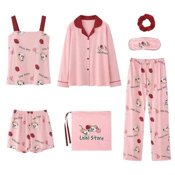 

Cute 7PCS Sleep Set Women Cotton Pajamas Suit Sleepwear Home Clothes Soft Intimate Lingerie 2020 Autumn New Pyjamas Pijamas