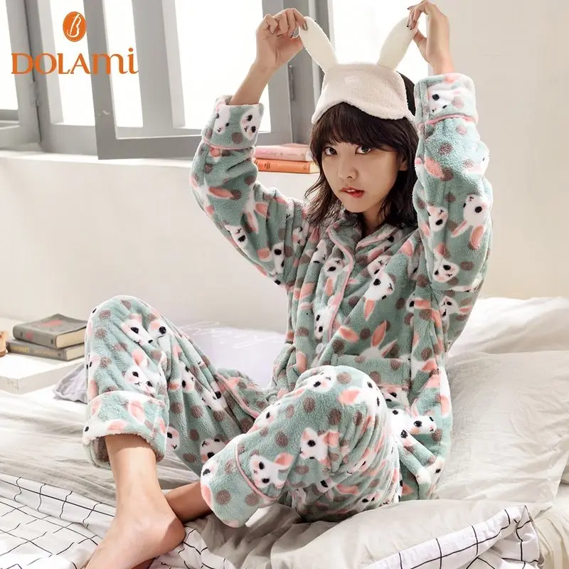 

Winter Women Thicken Warm Soft Pajamas Female Flannel Pajamas Set Mujer Long Sleeve Sleepwear for Girls Ladies Pyjamas 2 Pieces