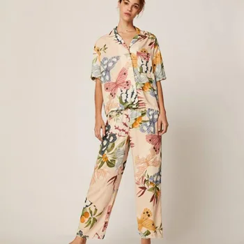 

Female Pyjamas Suit Cotton Pajamas Sets Short Sleeve 2PCS Sleepwear Soft Loose 2PCS Shirt&Pant Women Round Collar Home Wear