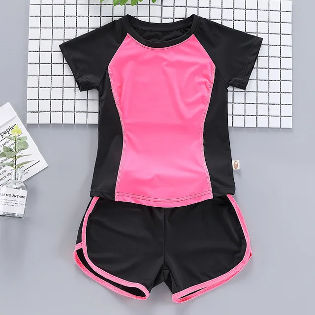 Спортивная одежда для девочек, термобелье, Детская футболка для бега, спортивные шорты для мальчиков, костюм для фитнеса для девочек, спортивная куртка, верхняя одежда - Цвет: pink shirt shorts