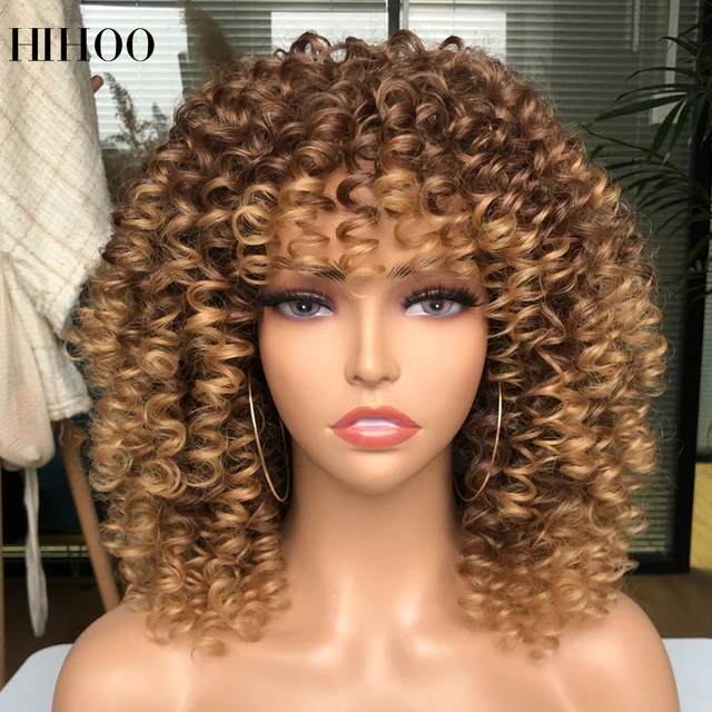 Afro Kinky Curly Wig With Bangs Short Synthetic Wigs For Black Women Omber Brown Blonde Glueless Cosplay Hair High Temperature 33-27