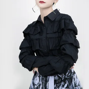 

OUSHAN single-breasted cardigan new Korean women's layered pleated princess temperament was thin shirt women