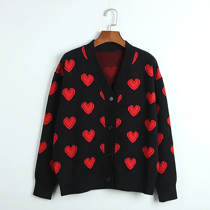 

Love Heart Pattern Warm Sweater Women Jackets Autumn Winter New Elegant Knitting Tops Vintage V Neck Loose Thick Cardigans Coat