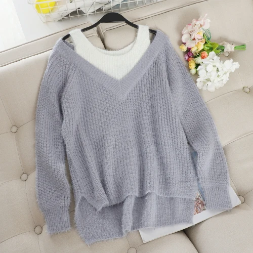 gray pullover Woherb Pull Femme с длинными рукавами в стиле пэчворк пуловеры поддельные Двойка Повседневное свободный свитер с открытым плечом Для женщин корейский стиль 91444 - Цвет: gray pullover
