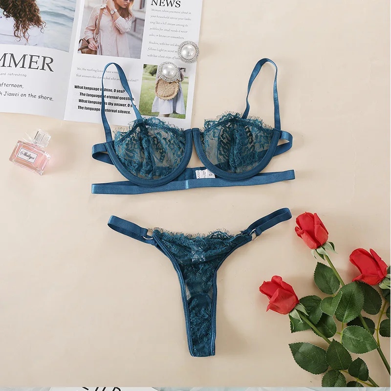 Underwear Set Sexy Lace Erotic Lingerie Women 2-piece  Home Suit Floral Transparent Bra and G-strings Thongs Pure Color  Fashion bra and panty