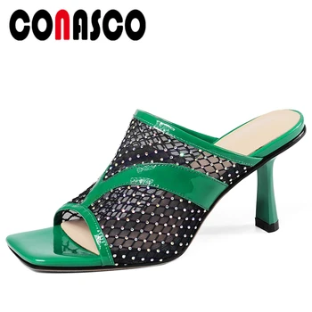 

CONASCO Summer Sexy Fashion Women Sandals Concise Fretwork Mesh Rhinestone Casual Pumps High Heels Shoes Woman Peep Toe Slippers