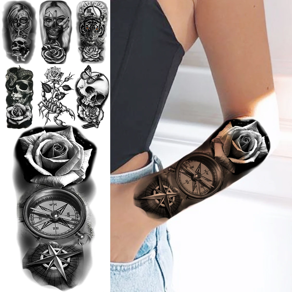 

Black Flower Compass Anchor Temporary Tattoos For Women Adult Tiger Skull Scorpion Vampire Fake Tattoo Forearm Washable Tatoos