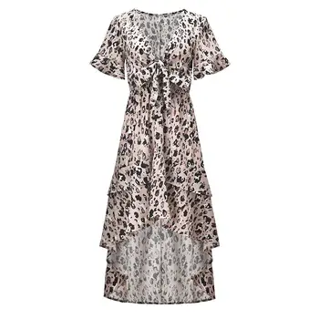 

Hot 2019 Fashion Summer Sexy Bohemian Women Chiffon Leopard Print Short Sleeve Deep V Bowknot Irregular Ladies Long Beach Dress