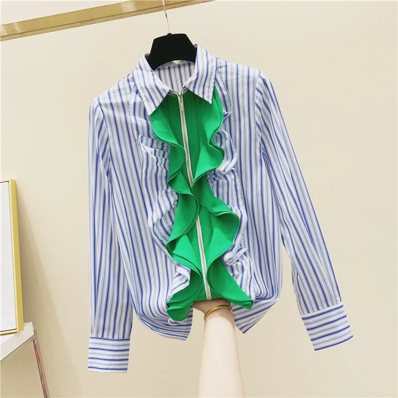 

Zipper Blouse Women Blue Vertical Stripes Contrasting Color Ruffles Long Sleeve Zip Shirt Office Work Women's 2020 Autumn Blusas