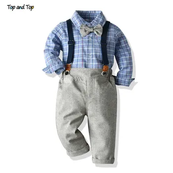 

Top and Top Children Boys Casual Clothing Sets Autumn Kids Boy Plaid Shirt with Bowtie+Overalls Gentleman Clothes Outfits