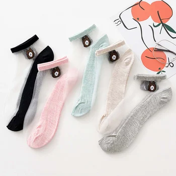 

Women Fashion Cool Casual Socks Set Cute Bear Cotton Funny Happy Animal Boat Socks Crystal Transparent Silk Socks