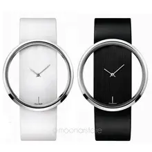 Уникальный простой стильный прозрачный циферблат Кварцевые часы кожа группа женщин смотреть черный белый наручные часы relogio feminino