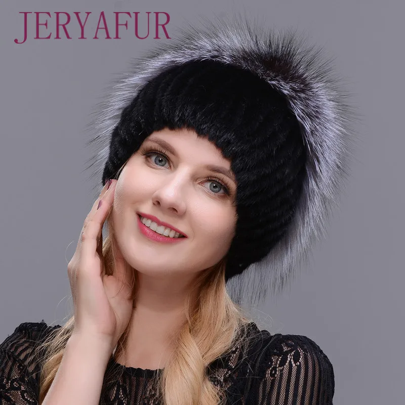 COLOR1 Русская modische nerz fuchs hut frau зимняя теплая лиса gestrickte hut frau neue naturliche pelz und wasser bohrer Лыжная хижина - Цвет: COLOR1