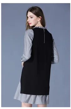 

New Autumn Women 2 Pieces Dress Long Sleeve Turtleneck Female Striped Dresses Side Split Black Vests Dress LX1811