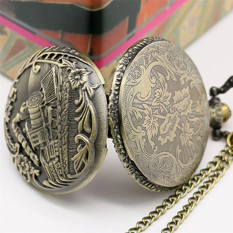 Новая мода Прохладный полые серебро и золотой локомотив кварцевые дизайн карманные часы с цепочки ожерелья цепи подарок для женщи