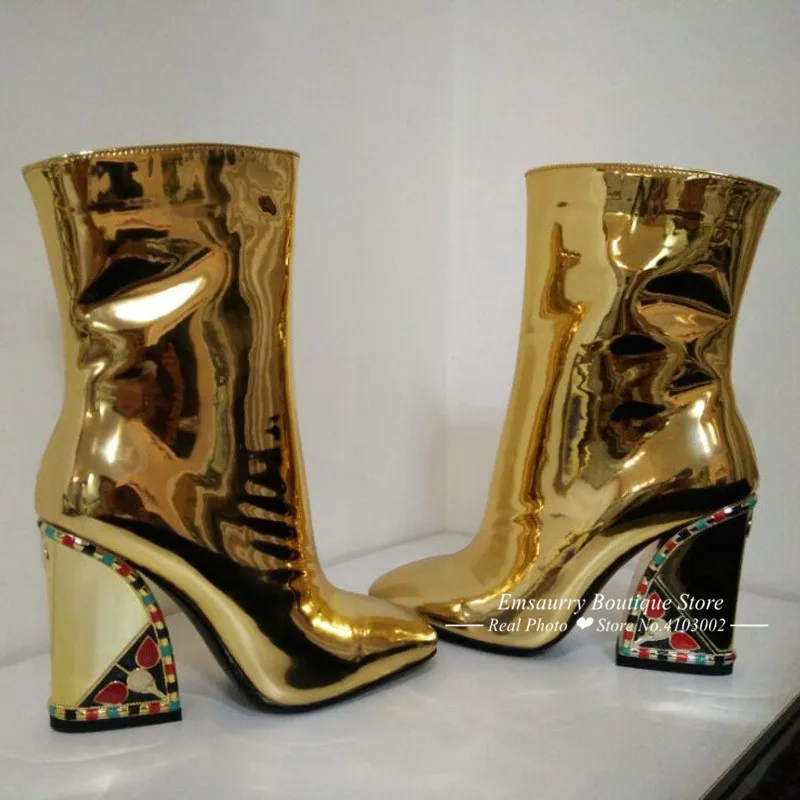 Gold Mid Calf Boot Women Autumn Spring Patchwork Black Square Toe Party Bottes Chunky Square High Heel Boots Woman Female