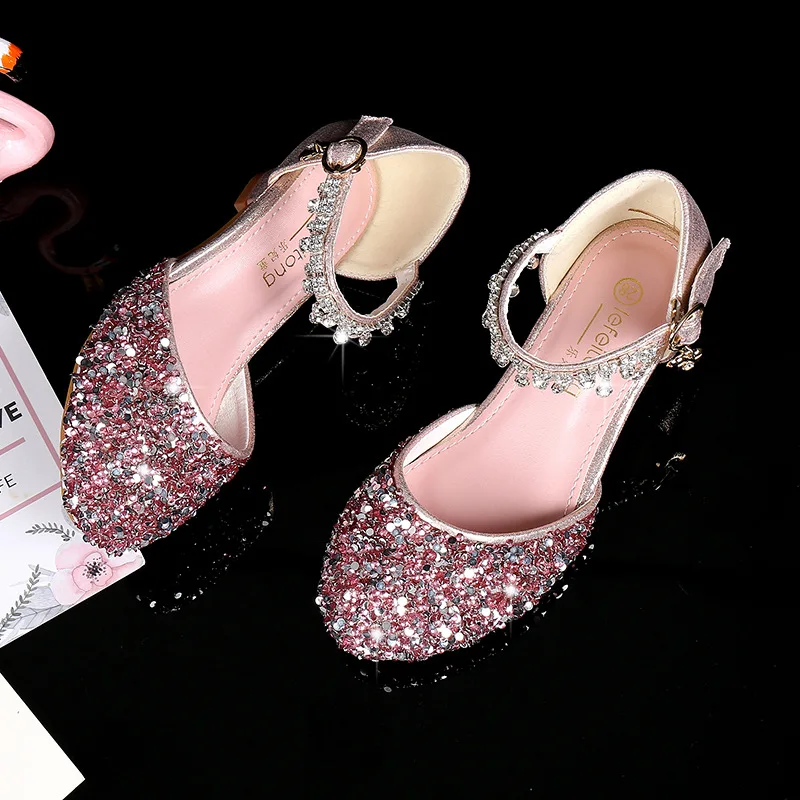 ULKNN Girls Glitter Sandals Children's High Heels Shoes Kids Performance Crystal Sandals Baby Catwalk Princess Children's Shoes child shoes girl