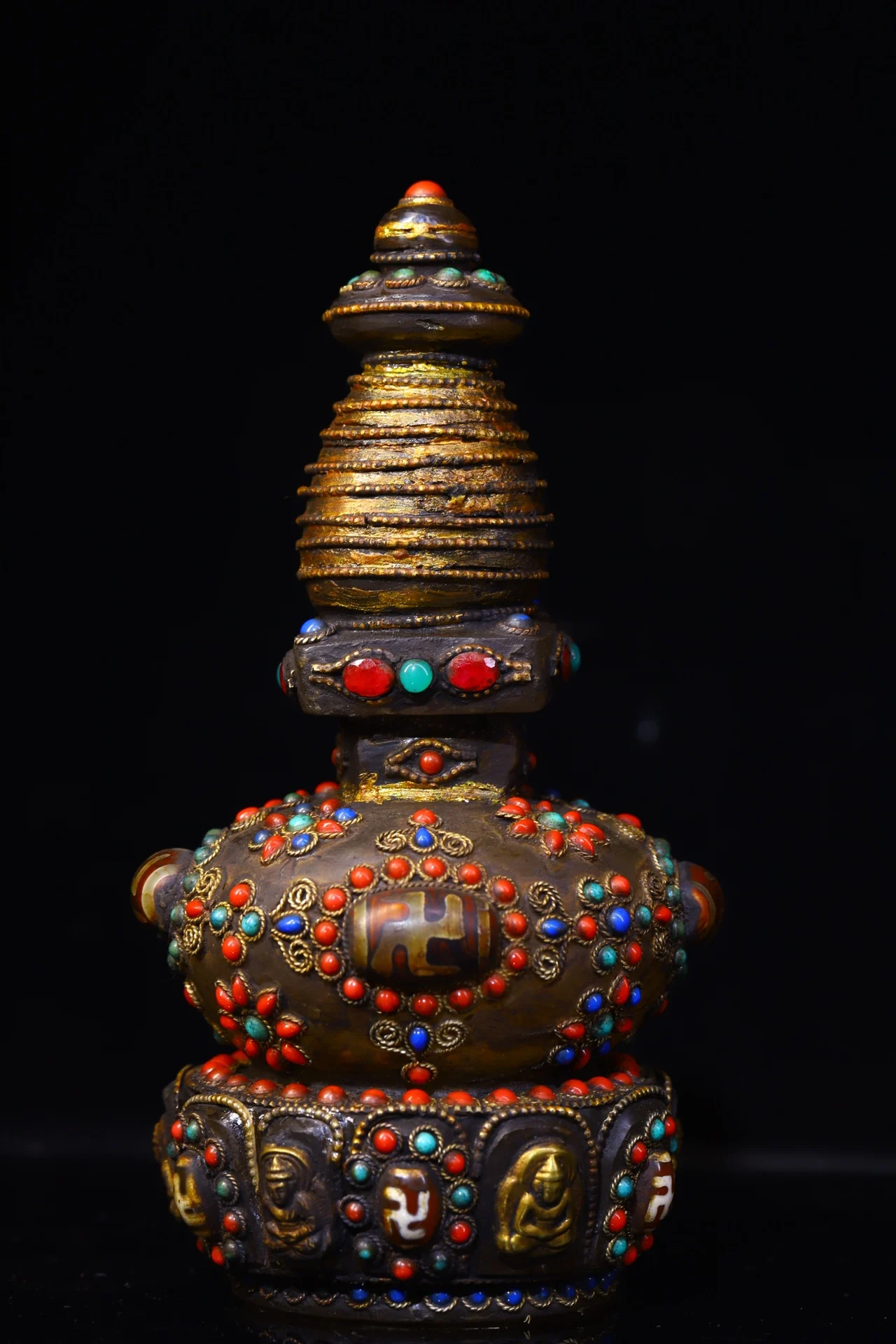 

7"Tibet Temple Collection Old Natural Crystal Filigree mosaic Gem Dzi Bead pagoda stupa Buddha statue Town House Exorcism