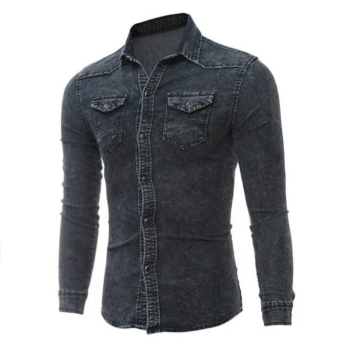 Men Casual Cotton Shirts Fashion Front Pockets Long Sleeves Jeans Shirts Male Brand Designer Black Grey (6)