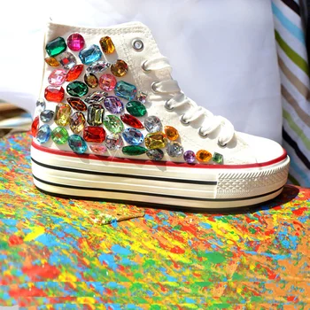 

Womens Round Toe Crystal Diamond Rainbow Colors Canvas Hidden Heel Platform Lace Up High Top Shoe Sneakers White New DIY D966