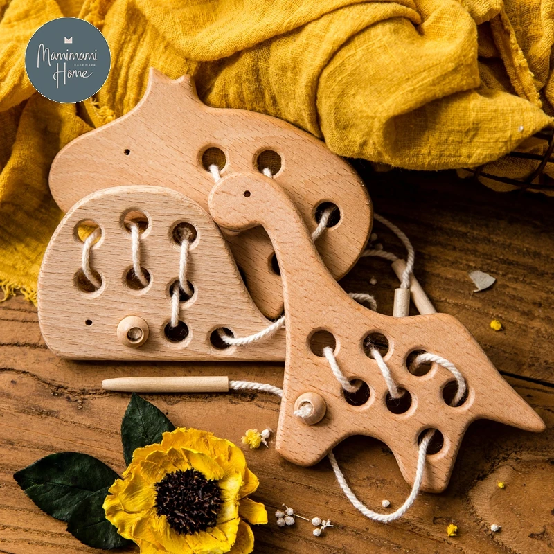 Ratón de madera para guardería, tabla de enhebrado con cordones de haya, costura de madera, botón de dinosaurio de juguete, bloques de cuentas para niños y niñas, productos